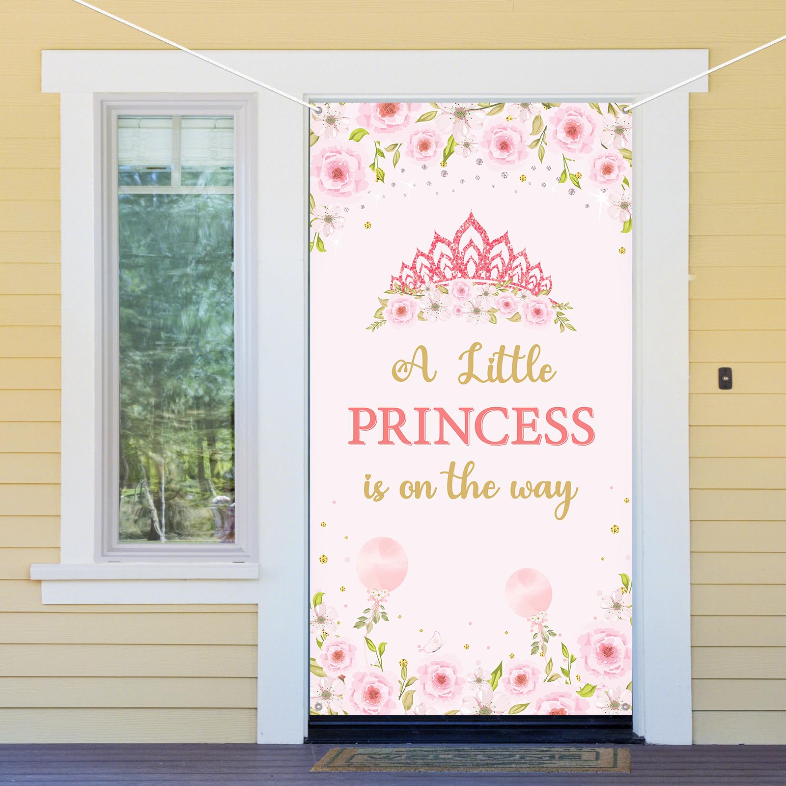 Decoración de pancarta de puerta de baby shower con texto en inglés "A Little Princess is on the Way", decoración de fiesta de revelación de género, fondo de fotografía de baby shower, rosa