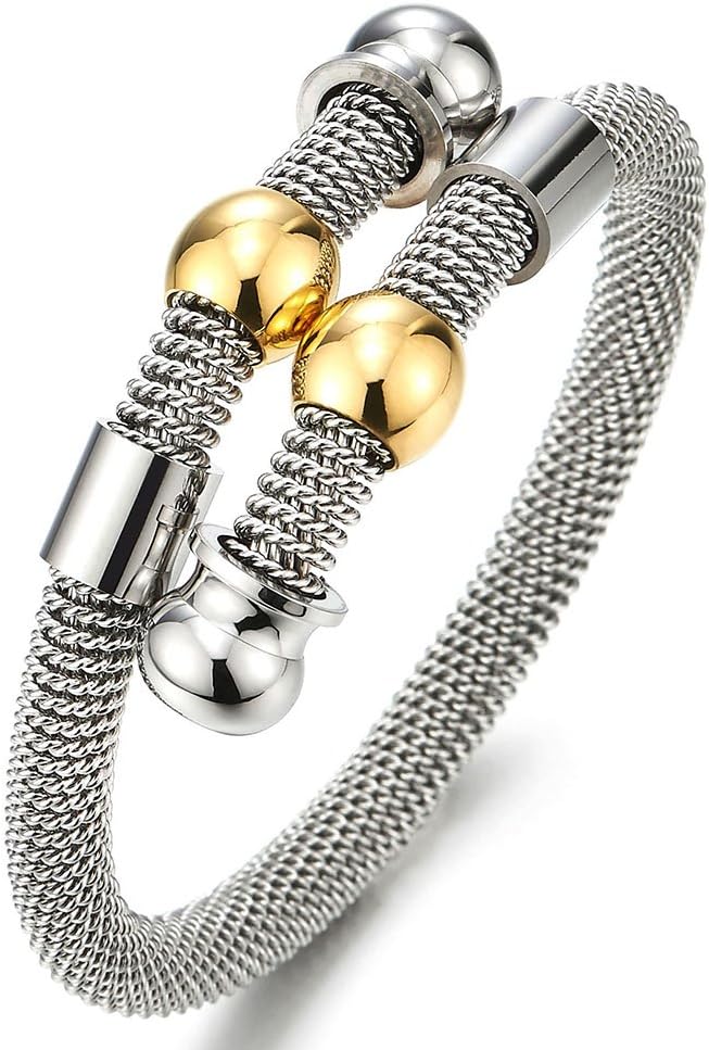 COOLSTEELANDBEYOND Ladies Stainless Steel Cuff Bangle Bracelet with Silver Gold Two-Tone Charms Polished