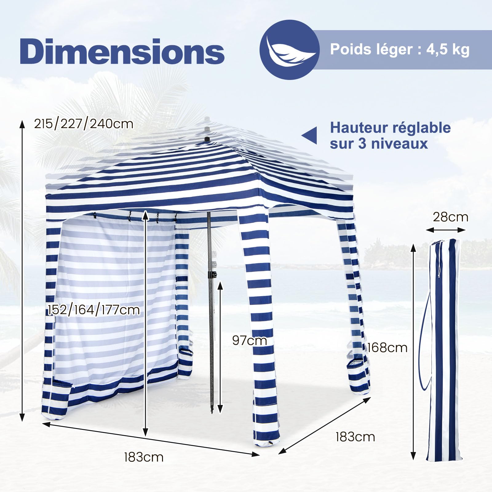 RELAX4LIFE Tente de Plage Pliable 1,8x1,8 M, Auvent Abris de Plage Portable avec Paroi Latérale Détachable, Hauteur Réglable, 8 Sacs de Sable, Sac Transport, Protection Solaire, Montage Facile (Bleu)