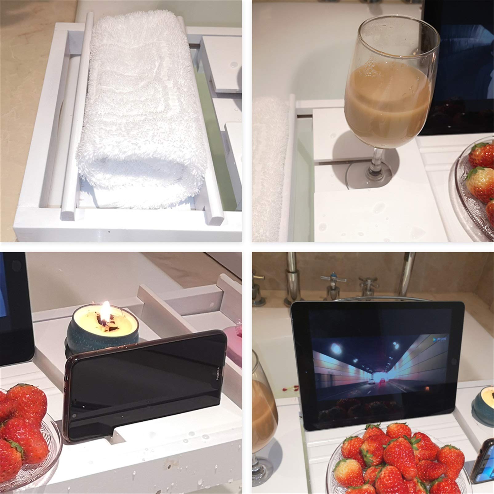 Genérico Bandeja de bambú expandible para bañera, Organizador de baño con Estante de Lectura, Estante de Madera para bañera de hidromasaje, Puente de Almacenamiento para relajación en el baño