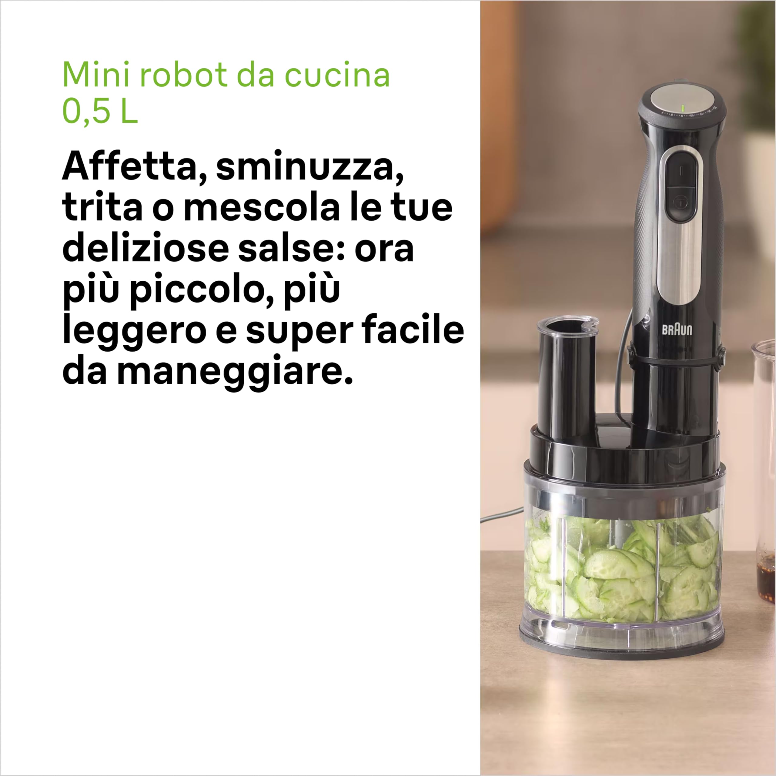 Braun Multiquick 5 Pro MQ55755M MINIPIMER CON 5 ANNI DI ASSISTENZA, 25 velocità di lavorazione, Antischizzo, 3 accessori, NUOVO ACCESSORIO ROBOT, 1000watt, Nero