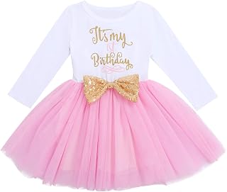 FYMNSI Baby Mädchen Kleinkind Kinder 1. / 2. / 3. Geburtstag Party Kleid Baumwolle Langarm Bowknot Tutu Tüll Prinzessin Kleider Foto Requisiten