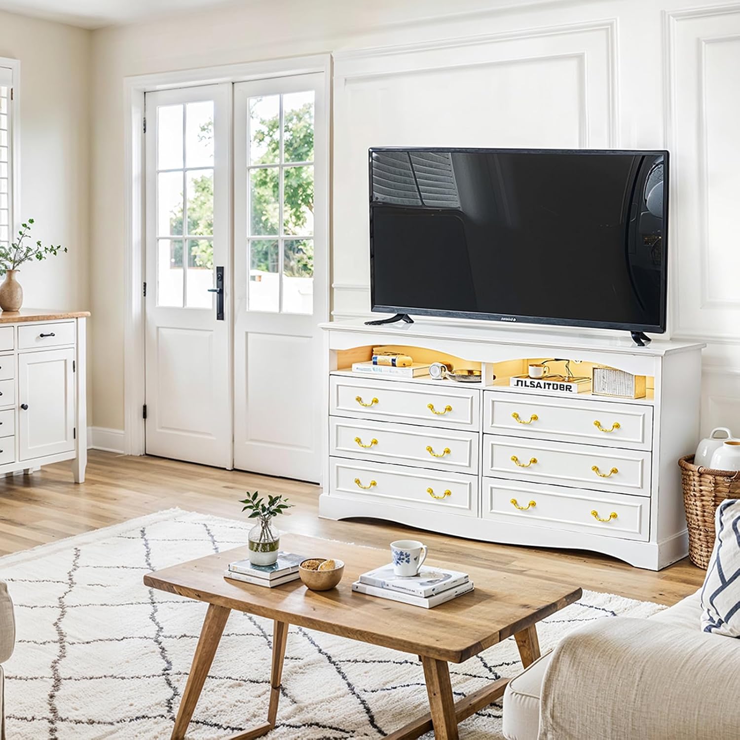Vintage 6 Dresser for Bedroom, 55" Wide Wood Rustic Chest of Drawers with LED Lights, Farmhouse 6 Drawers Dresser with Natural Texture for Living Room, Hallway, Entryway, White