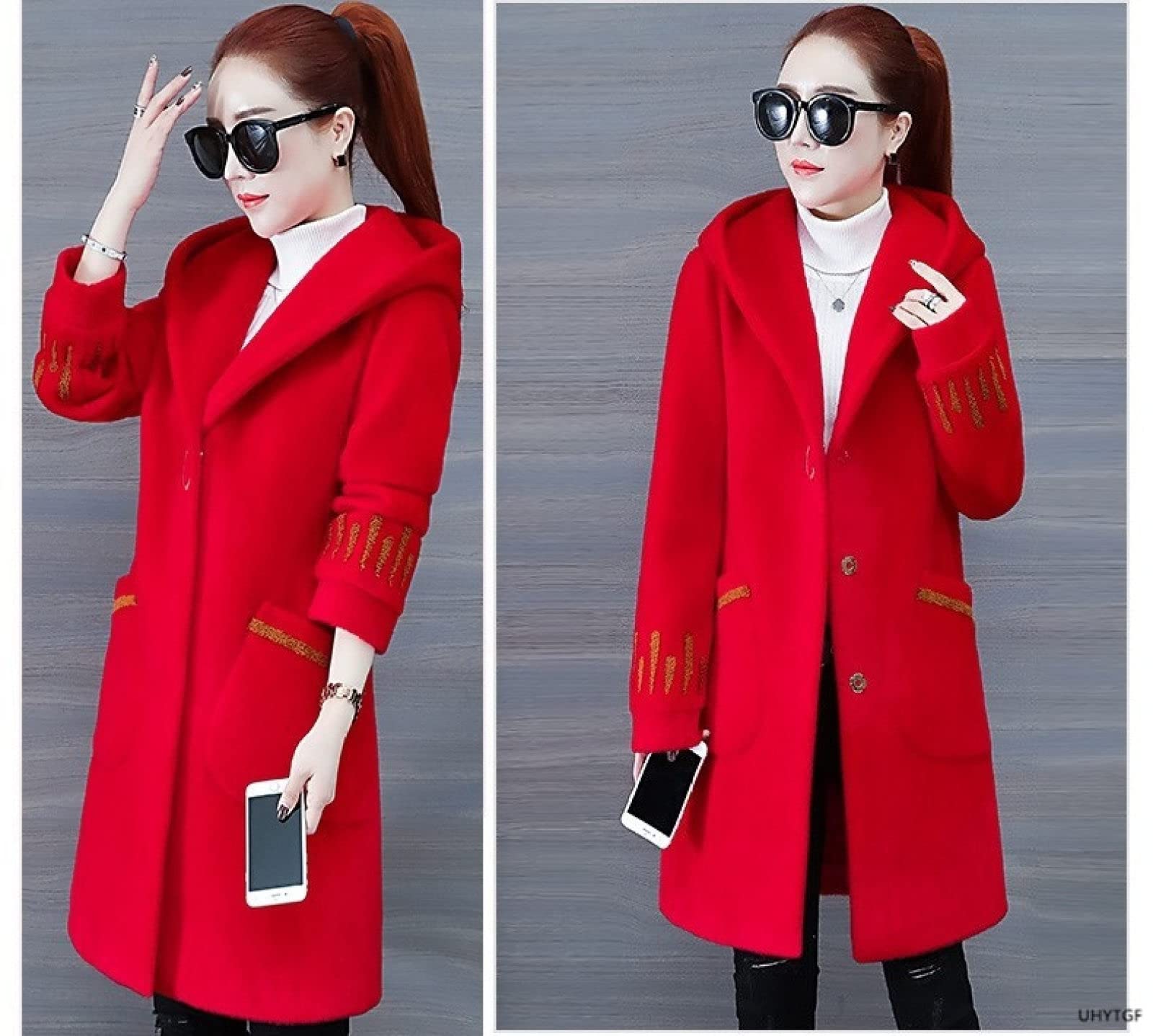 Winter Coat Single-Breasted Women's - Red Hooded ​Cashmere Mid