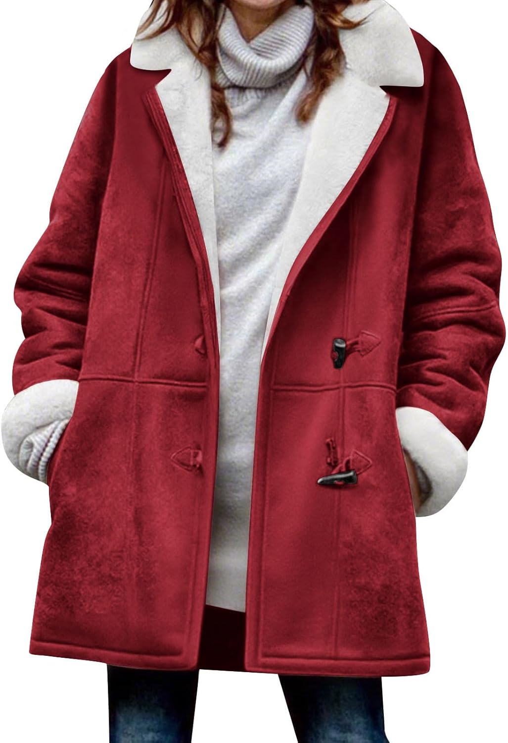 Lmdudan 2026 Women's Winter Sherpa Lined Faux Suede Leather Jacket Oversized Mid Overcoat Plus Size Casual Warm Coat
