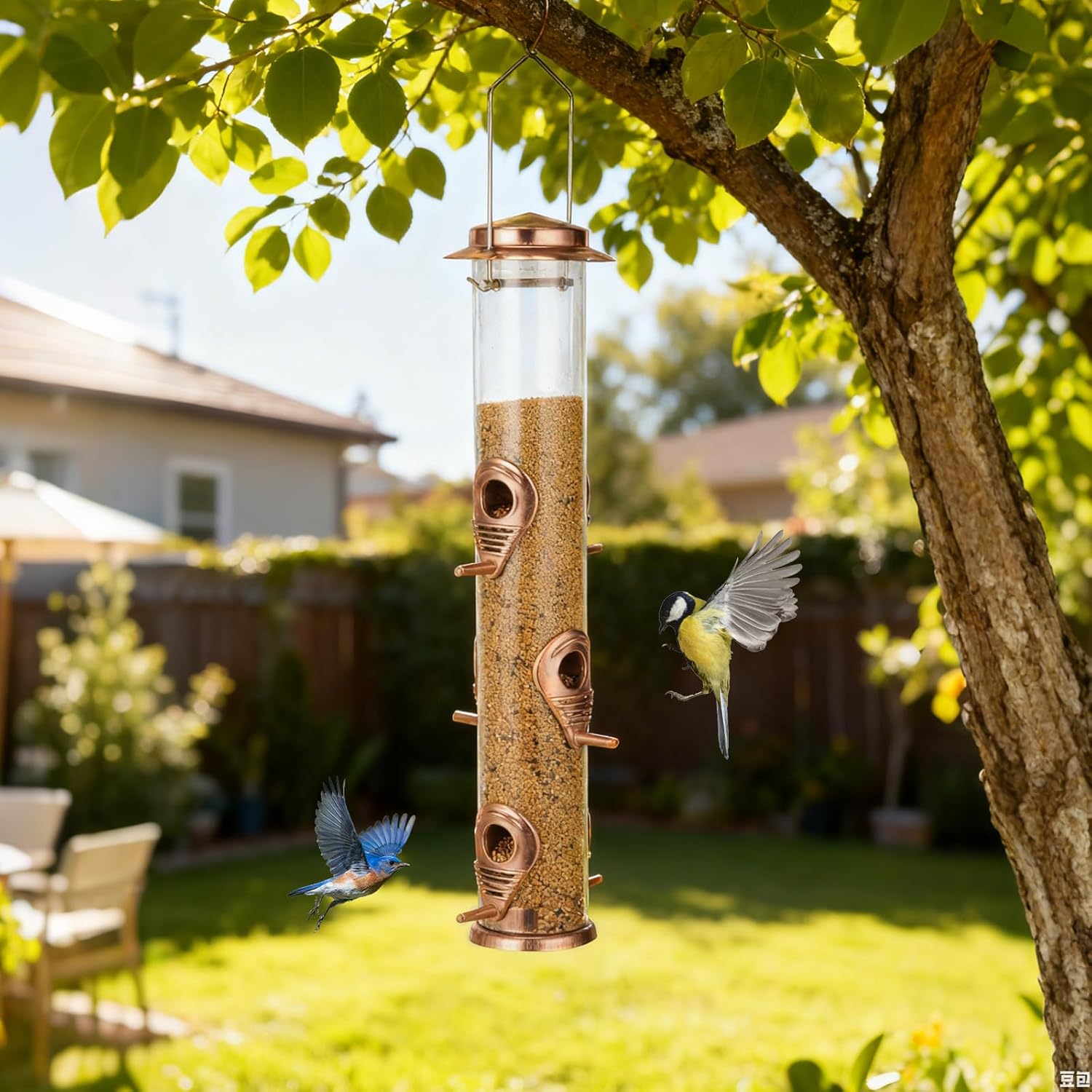 ERYTLLY Metal Bird Feeders 6 Port Tube Bird Feeder for Wild Birds, 1.4mm Extra Thick Solid Tube Transparent with Steel Hanger for Outside