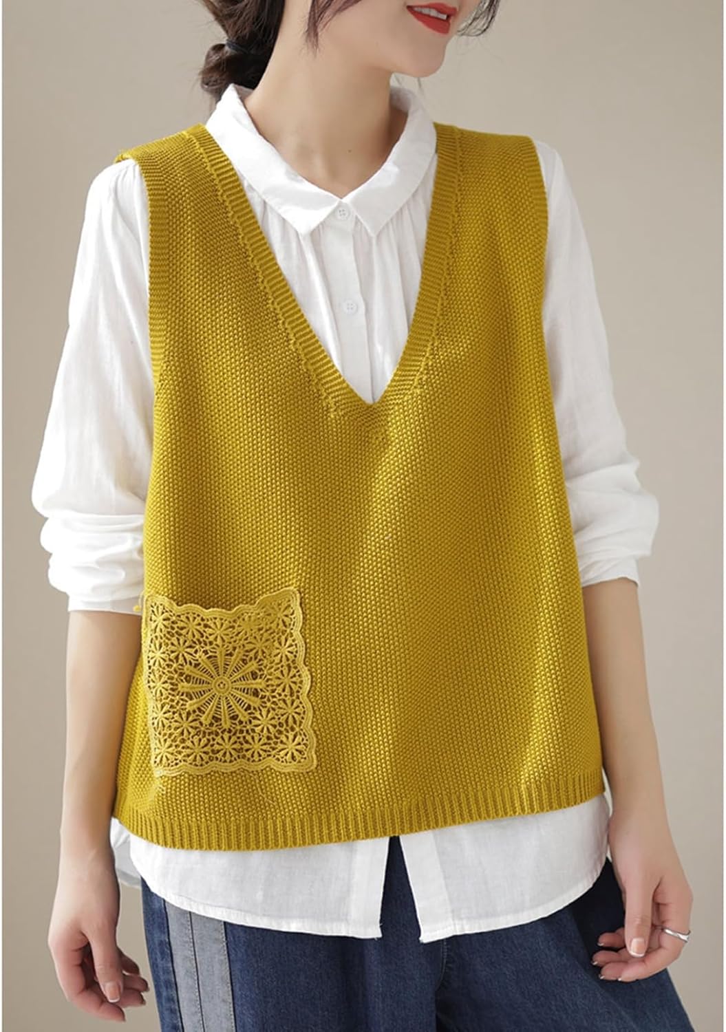 [Monotory] ニットベスト レディース V首 ポケット ノースリーブ 重ね着風 プルオーバー セーターベスト ニットトップス