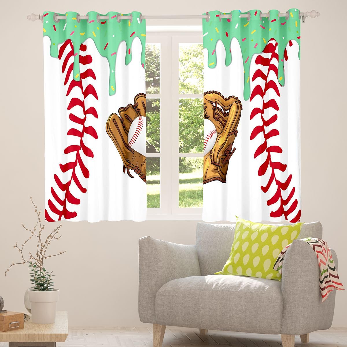 Homewish Zielone zasłony okienne z daszkiem, kremowe, 117 x 137 cm, 2 zestawy paneli – lodowe zasłony zaciemniające, rękawiczki baseballowe, dla miłośników gier, zasłony okienne, słodki deser, sporty