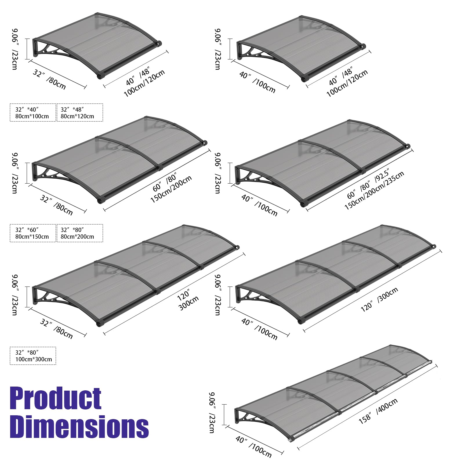 Marquesina Puerta Exterior 80 x 150 cm – Marquesina Exterior con Drenaje de Policarbonato y Soportes de ABS, Protección contra Lluvia, Nieve y Rayos UV para Puerta, Ventana y Terraza
