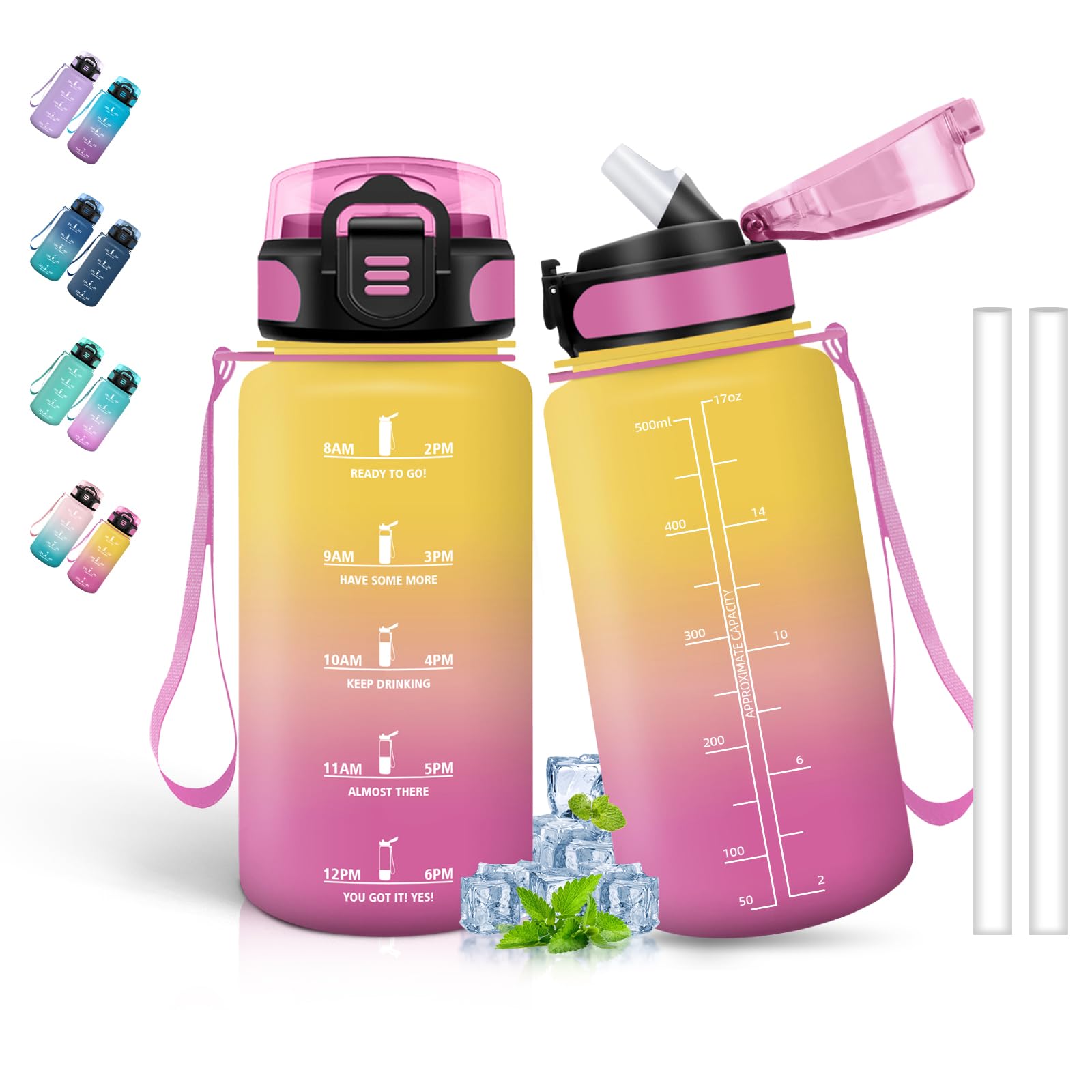 Grsta Kids Water Bottle, 500ml, Straw, Leak Free, Motivational Quotes, Yellow-Pink, School, Outdoor, Travel, Sports, Gym, Cycling, Hiking, Camping