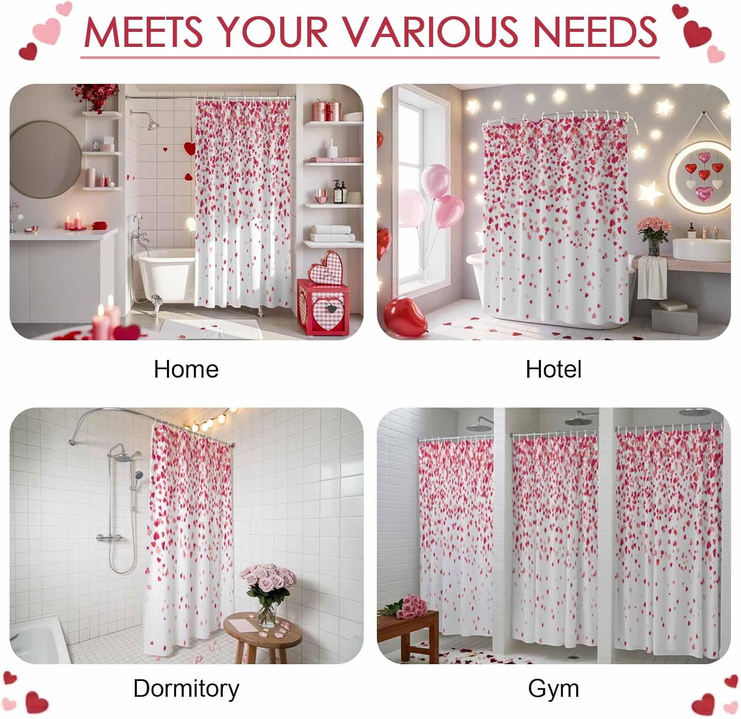 LooPoP Valentines Day Shower Curtain Falling Red Hearts Romantic Festival Bathroom Curtains, Polyester Fabric Shower Curtain for Bathroom 12PCS Hooks 72x84