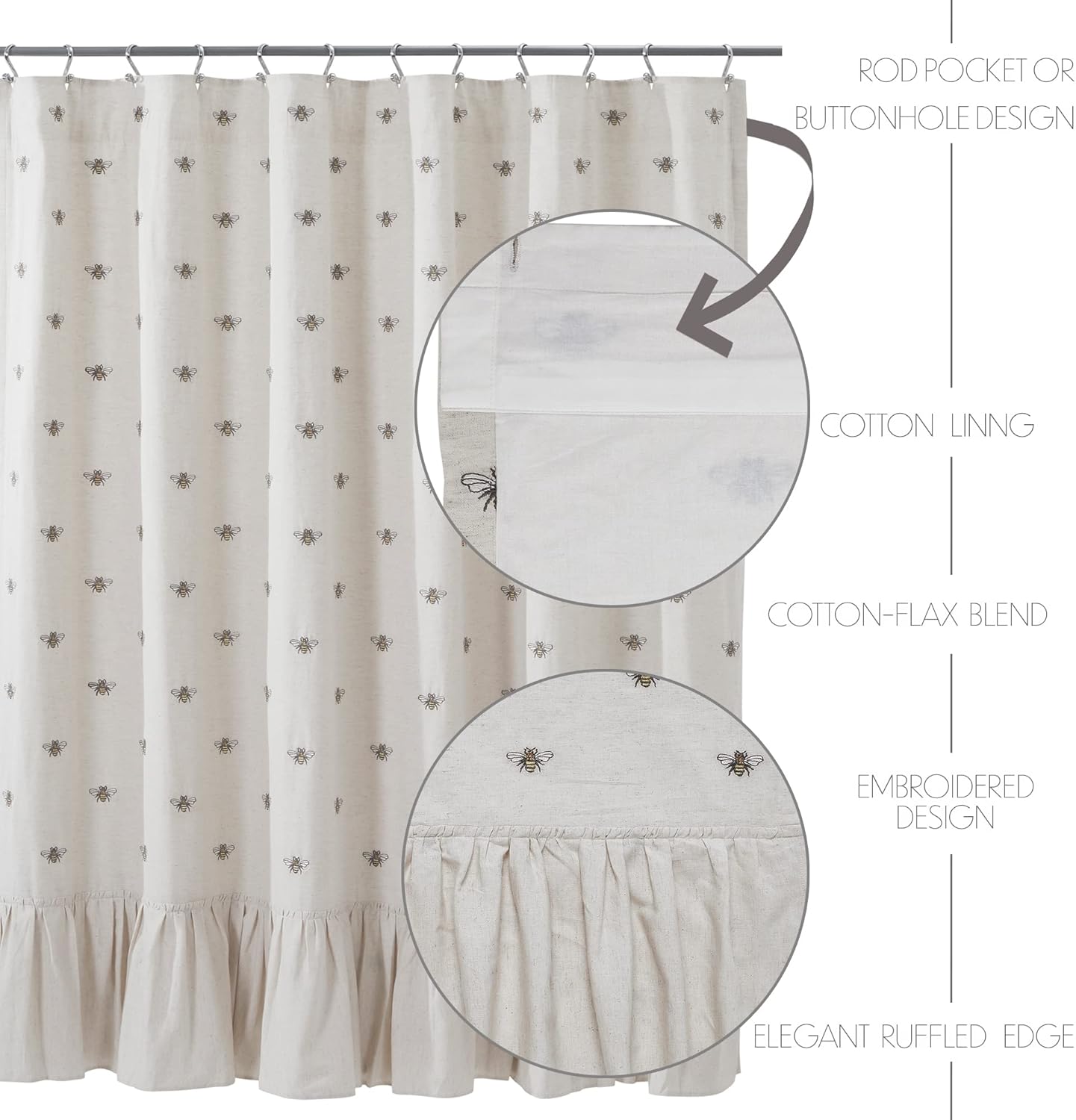 VHC Brands Embroidered Bee, Farmhouse Bathroom Shower Curtain, Ruffled, Creme Yellow Grey, 72x73