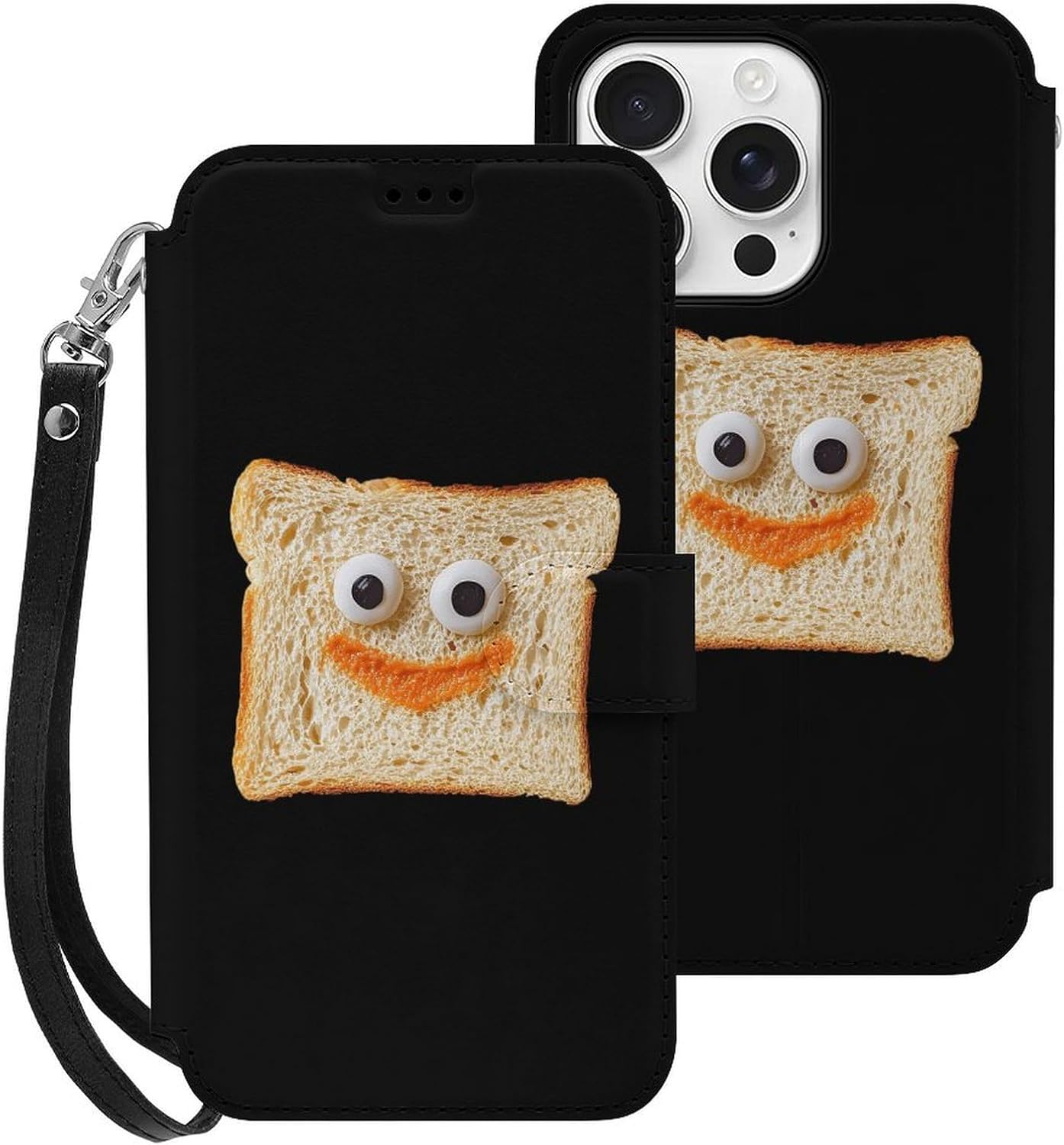 Funny Toast Slices Compatible with iPhone 16/16 Plus/16 Pro/16 Pro Max/16 E Case Phone Wallet Card Holder Flip Cover with Wrist Strap