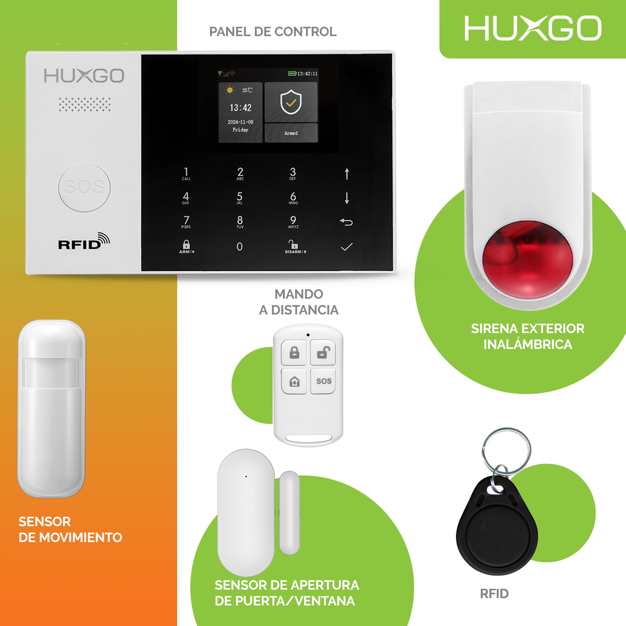 Kit de Alarma para casa WiFi + gsm con Sirena inalámbrico | Alarma hogar Kit con 3 sensores PIR de Movimiento y 1 Sensor de Puerta/Ventana | Control Desde el teléfono | HUXGO® HXA005