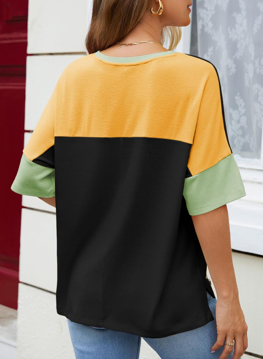 Dokotoo Womens Tops Oversized Trendy Shirts 2026 Summer Color Block Crewneck Business Casual Womens Blouses S-2XL - Image 4