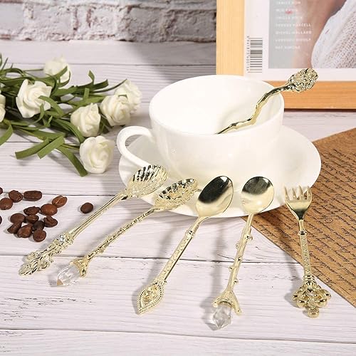 Miniatura 12 de Zerodis Juego de 6 cucharaditas innovadoras, vintage, retro, de aleación de zinc, juego de tenedores, pastel de azúcar, helado, cubiertos, Bronce