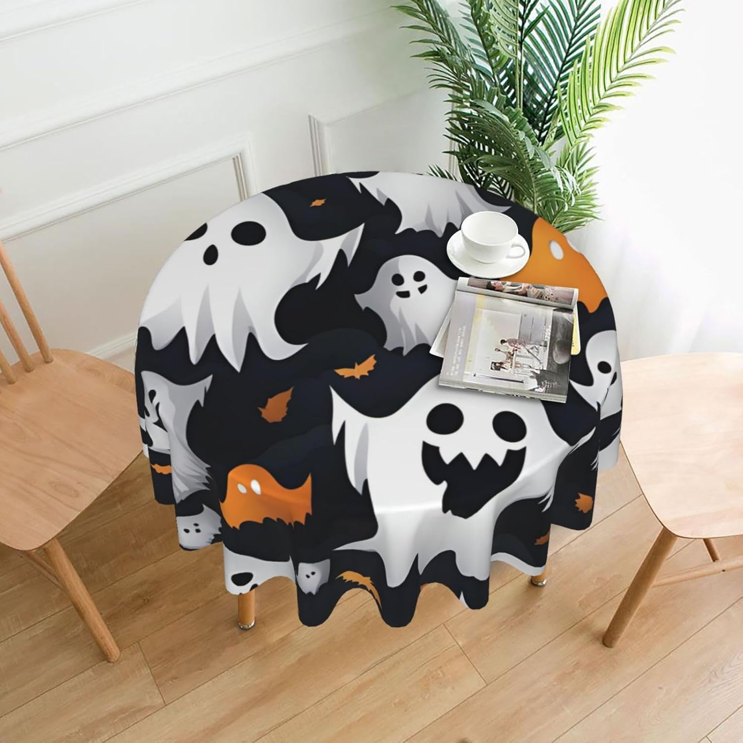 Cute White Ghost Halloween Pattern Print Wrinkle Free Dining Table Cover for Birthday Party Farmhouse Tablecloths Up to 60 x 60 Inches