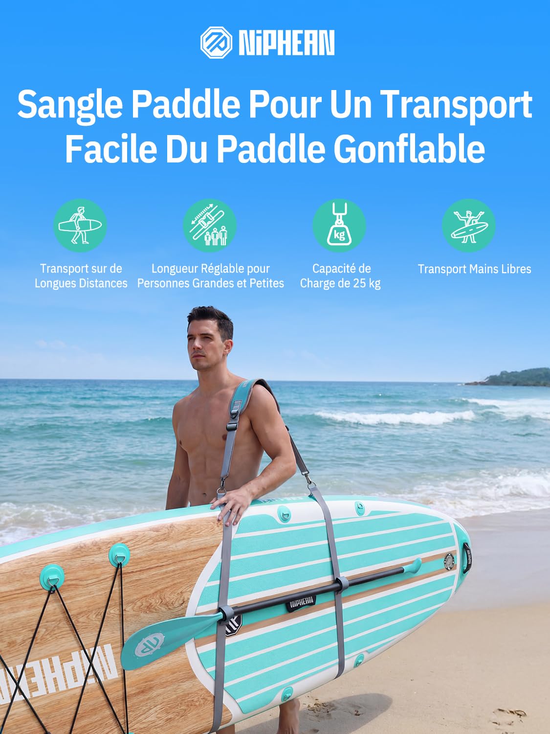 niphean Sangle Paddle, Accessoire Paddle pour Paddle Gonflable, SUP Sangle de Transport Réglable avec Sangle de Serrage pour Kayak, Paddle, Sangles de Planche de Surf avec Bandoulière Matelassée