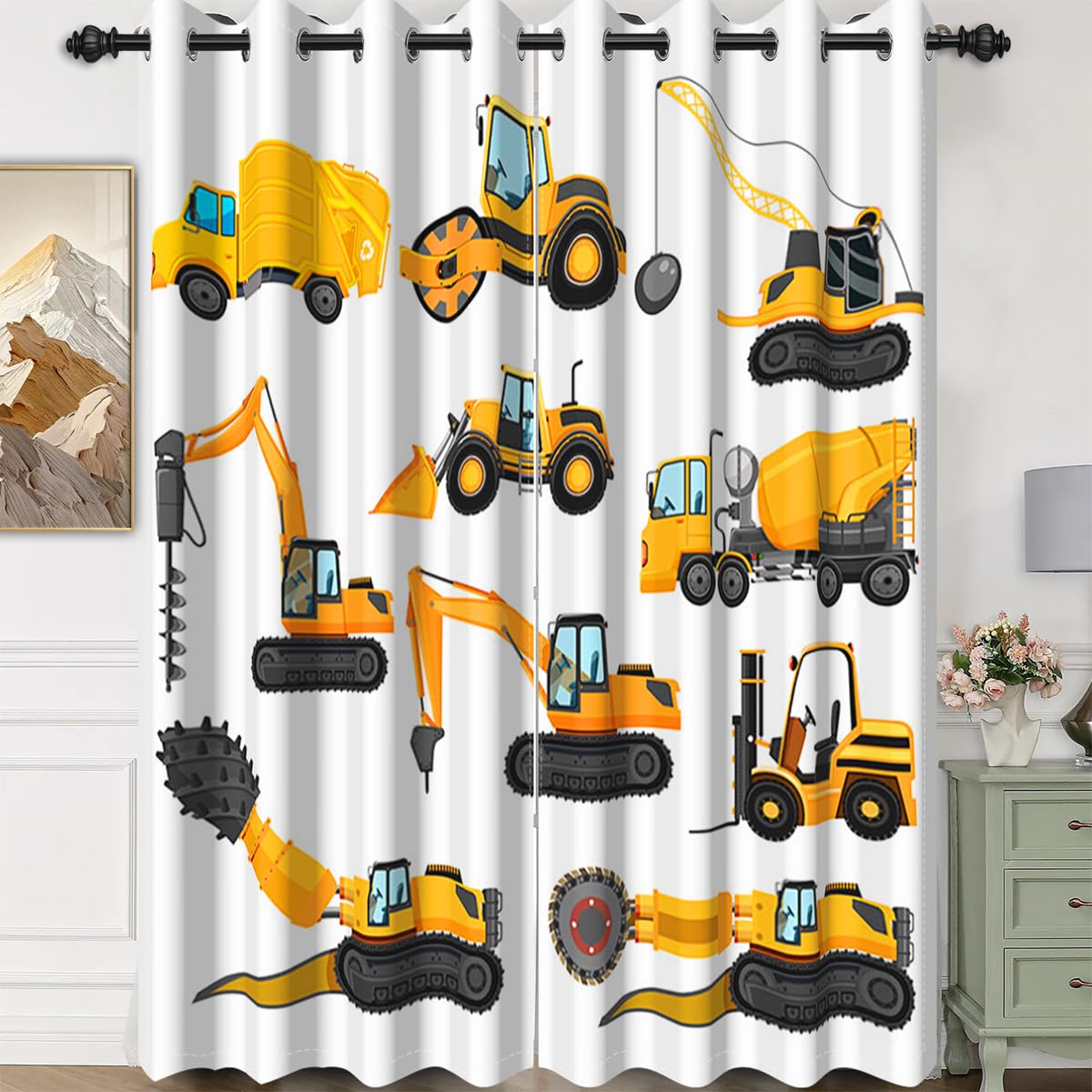 Umpoo 26x63 Inch Construction Truck Blackout Curtains Cartoon Excavator Crane Digger Yellow Heavy Machinery Car for Living Room Children's Bedroom Window Drapes, 2 Panel Home Set with Holes