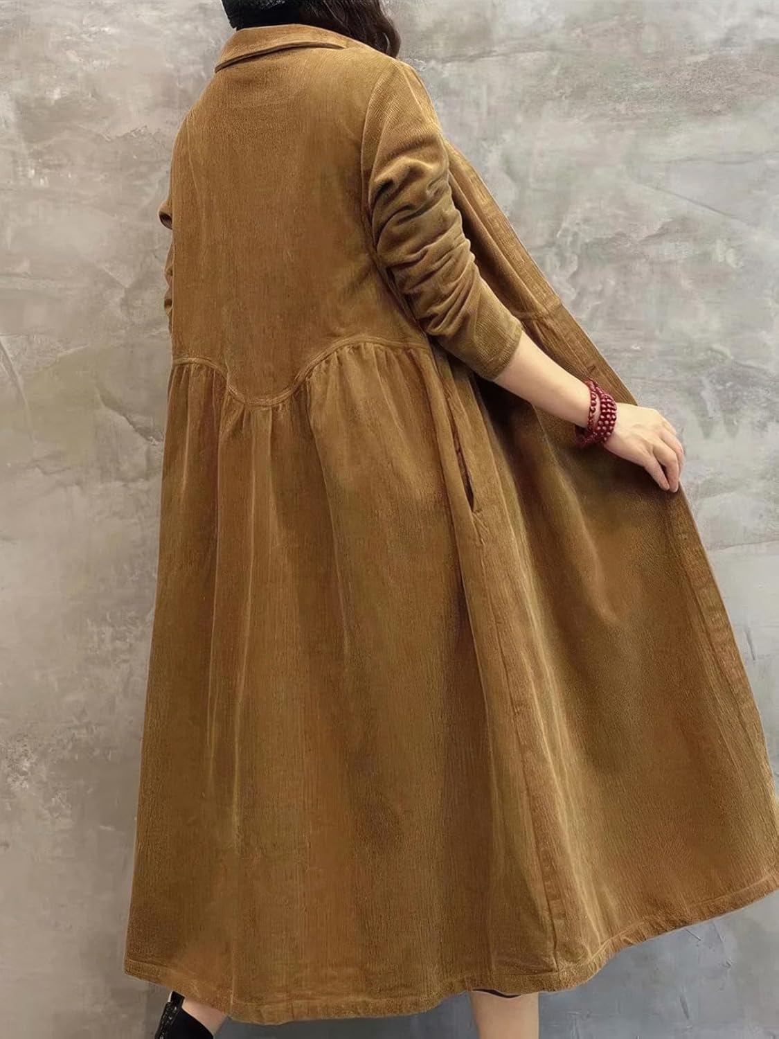 ebossy Womens Corduroy Button Down Shirt Dress Long Sleeve Lapel A-Line Pleated Midi Long Dress with Pockets - Image 2