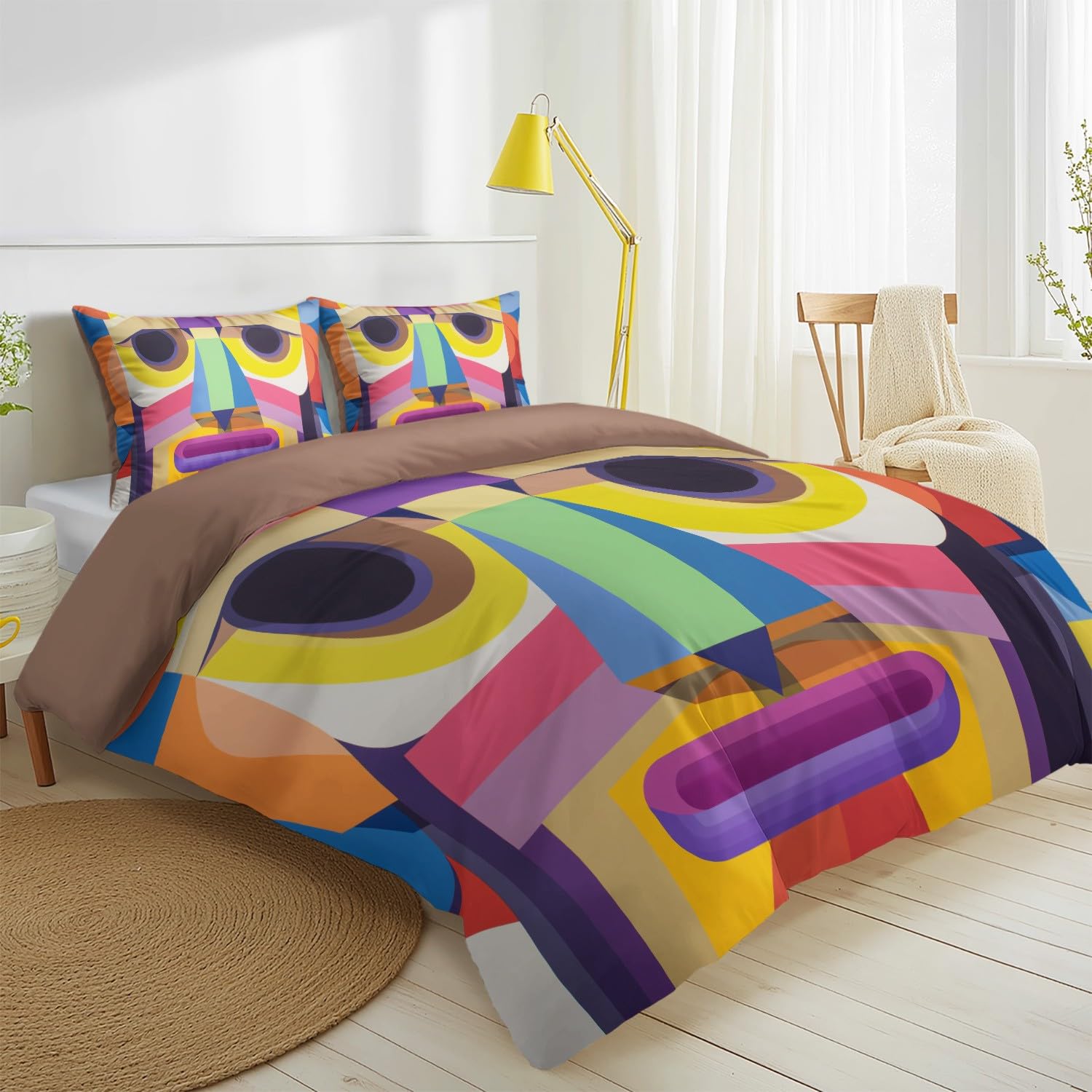 3-częściowy komplet pościeli z abstrakcyjnym portretem, 200 x 200 cm, geometryczny, patchwork, twarz, miękka pościel z mikrofibry, dwustronna pościel z 2 poszewkami na poduszki, wielokolorowa