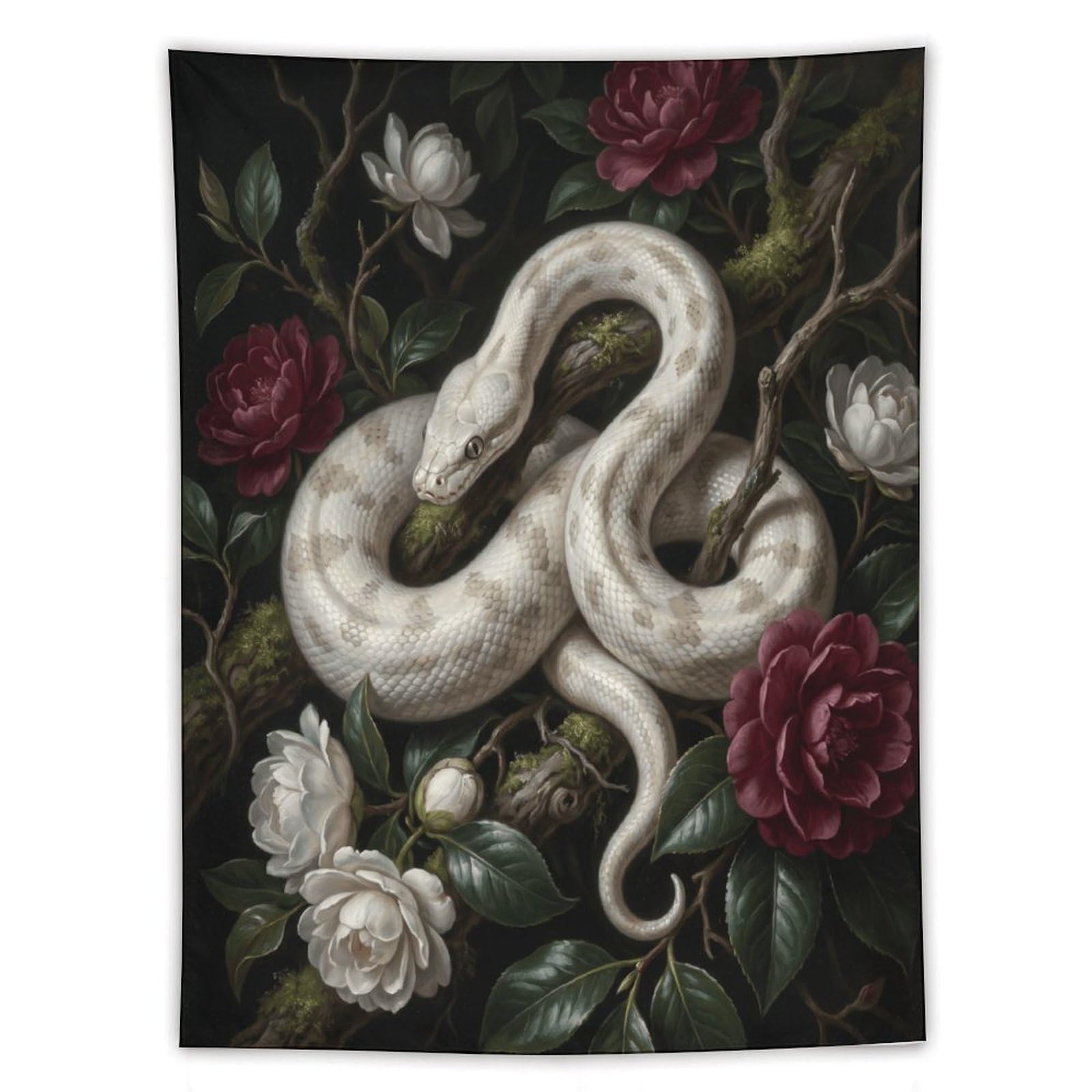 H3B8U2Y5 White Snake White Roses Wall Tapestry, Botanical Gothic