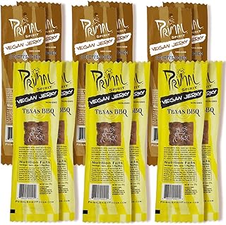 Primal Spirit Vegan Jerky - Soy Protein Energy Pack, 10 g. Plant Based Protein, Certified Non-GMO, No Preservatives, Sports Friendly Packaging The Classics Hickory Smoked and Texas BBQ...