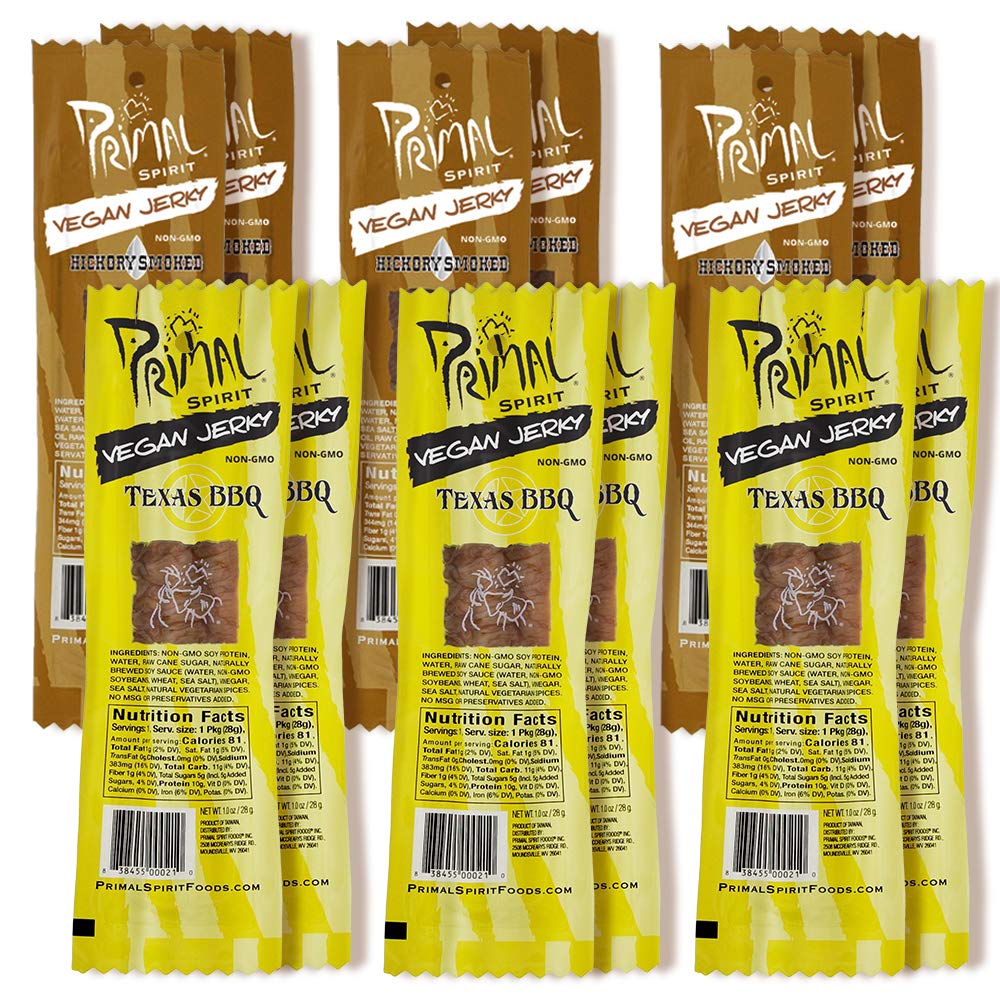 Primal Spirit Vegan Jerky - Soy Protein Energy Pack, 10 g. Plant Based Protein, Certified Non-GMO, No Preservatives, Sports Friendly Packaging The Classics Hickory Smoked and Texas BBQ...