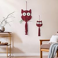Vista 2 de MVSUTA Owl Burgundy Cotton Handmade Macrame Wall Hanging Tapestry Home Decor Art and Red Craft Wonderful Decoration Woven Boho Ornament for Office
