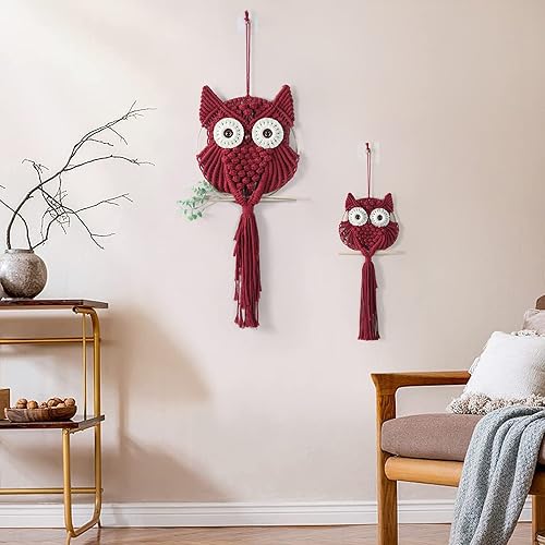 Miniatura 2 de MVSUTA Owl Burgundy Cotton Handmade Macrame Wall Hanging Tapestry Home Decor Art and Red Craft Wonderful Decoration Woven Boho Ornament for Office