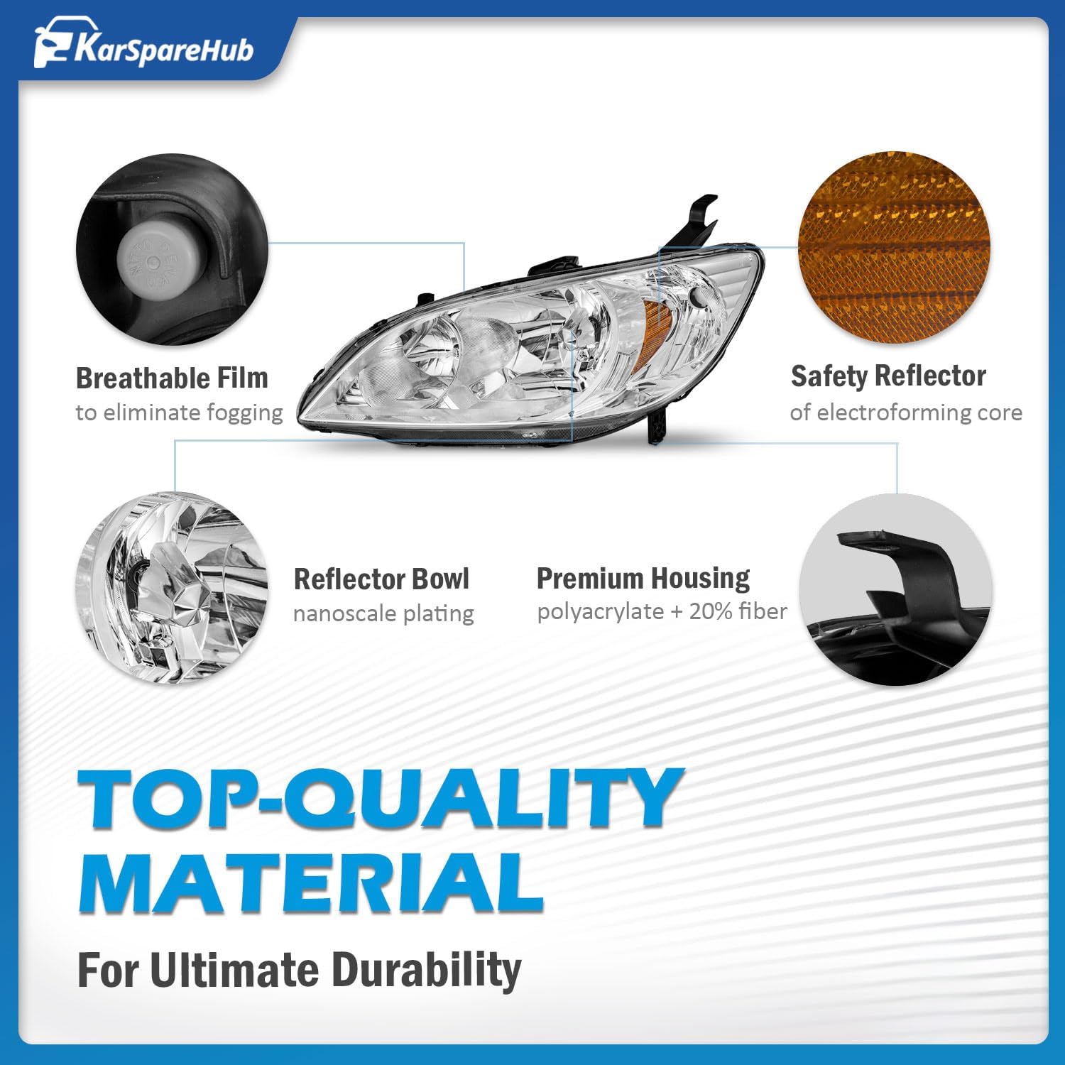 Headlights Assembly for 2004-2005 Honda Civic 2/4Door Headlamp Replacement Chrome Housing Amber Reflector Driver & Passenger Side