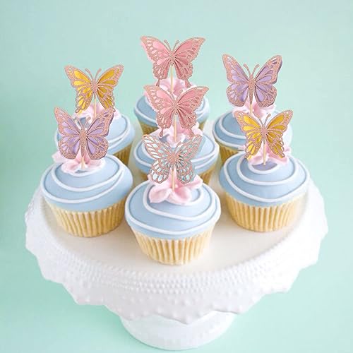 Miniatura 4 de 1 pieza de decoración de pastel de 6 cumpleaños de mariposa con purpurina dorada y rosa para 6 cumpleaños, decoración para baby shower, niños y