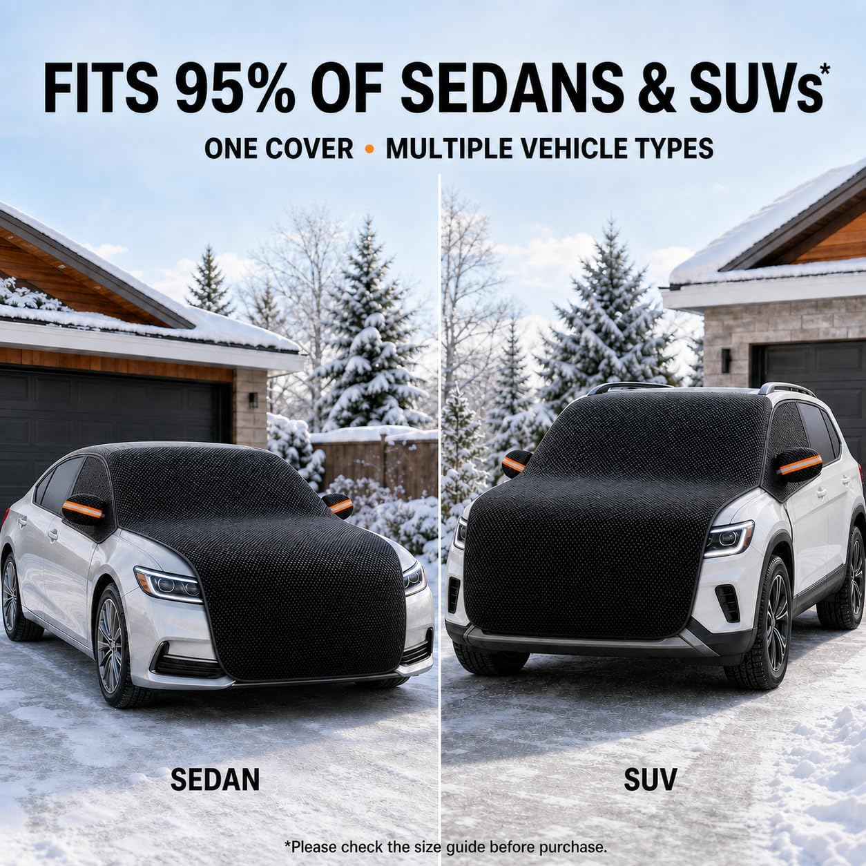 Car Windshield Snow Cover for Ice and Snow, 600D Oxford Full Front Frost Guard with 6 Secure Straps, Mirror Pockets, Reflective Strips, Ice Scraper and Storage Bag for Sedans and SUVs