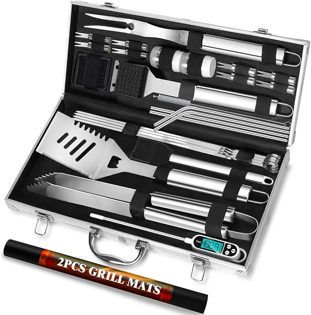 ROMANTICIST 30pcs BBQ Grill Tool Set for Men Dad, Heavy Duty Stainless Steel Grill Utensils Set, Non-Slip Grilling Accessories Kit with Thermometer, Mats in Aluminum Case for Travel, Outdoor Silver