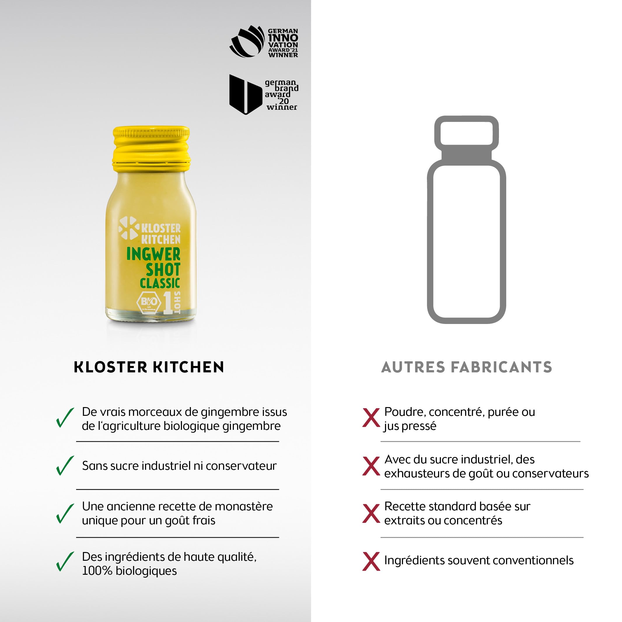 Kloster Kitchen Lot de 14 shots de gingembre bio 1SHOT - 14 x 30 ml - Avec véritables morceaux de gingembre - Végétalien dans une bouteille en verre à emporter - Doux et épicé - Sans additifs et avec