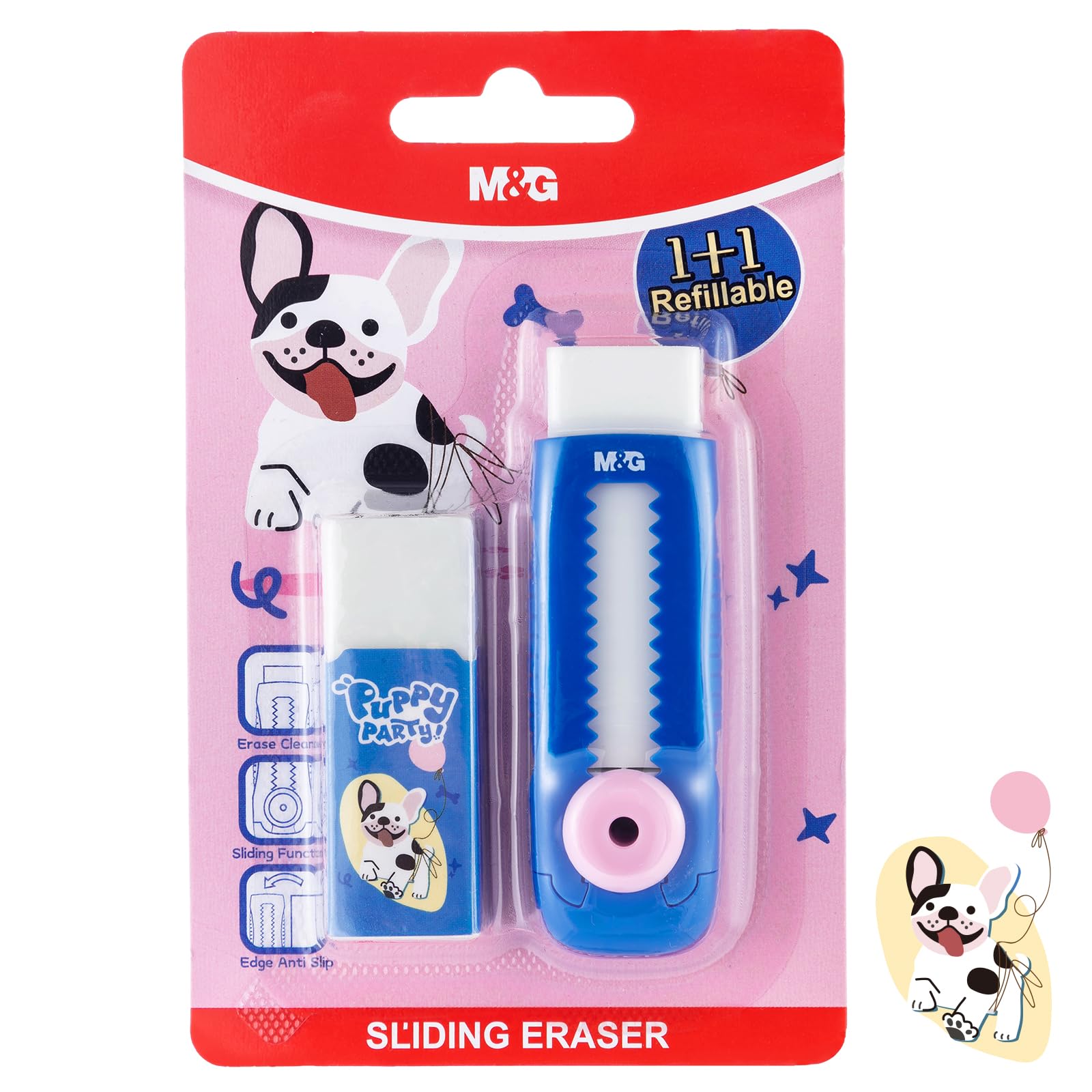 M&amp;G 1+1 Pack Blue Sliding Retractable Cute Eraser Set, Refillable Soft Large Rubber Eraser with Sleeve for Kids Students School Office Supplies
