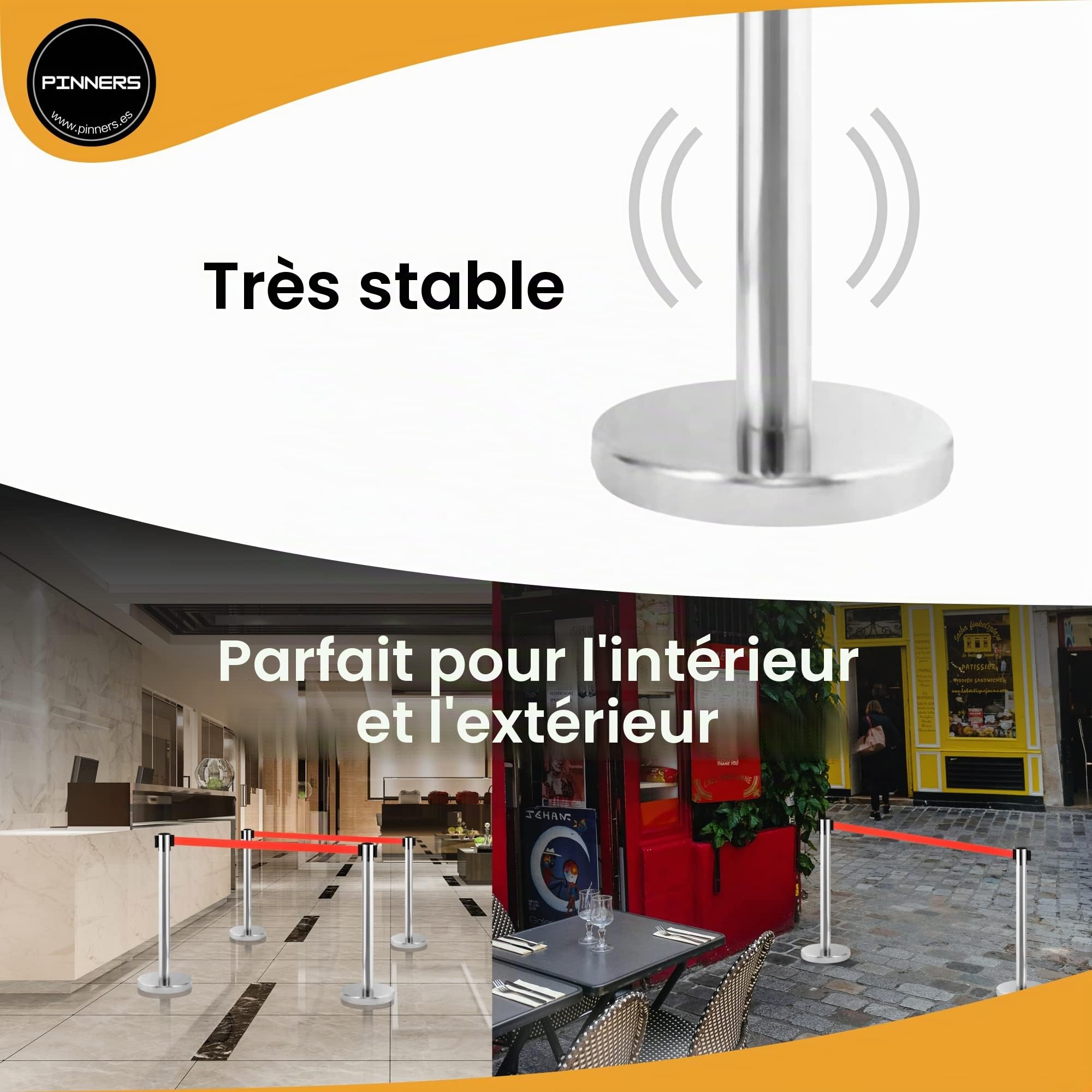 Poteau séparateur ruban extensible 3 mètres, 2 poteaux de guidage, poteau de separation, poteau ruban extensible rétractable, ruban interdit, barrière extensible 3 mètres