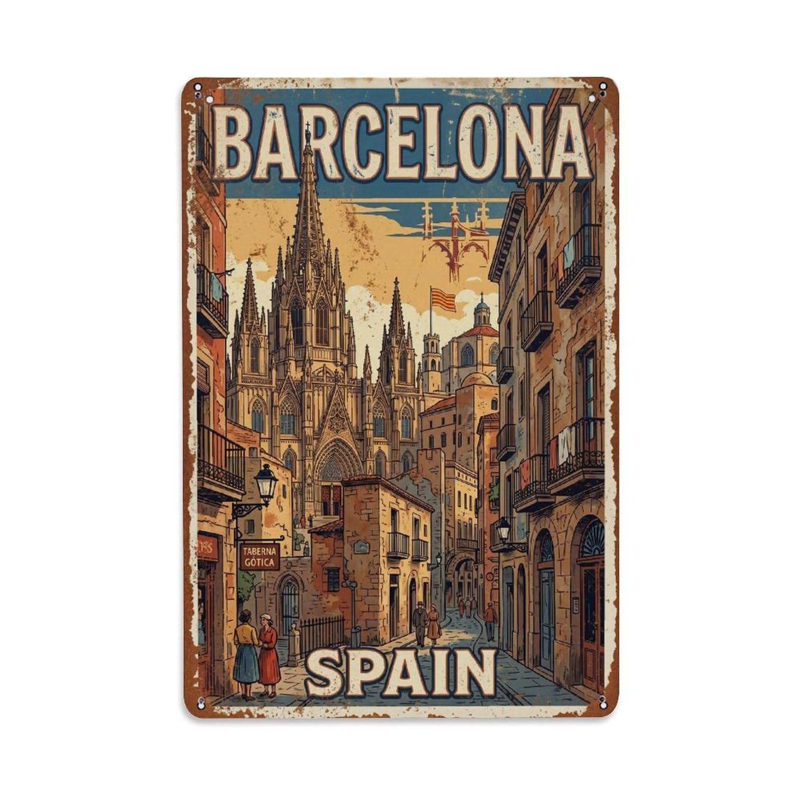 Cmhok Vintage Style Vintage Travel Cathedral Barcelona 1 Metal Tin Sign Wall Decor For Cafe, Club, Garden Metal Poster 8X12inch