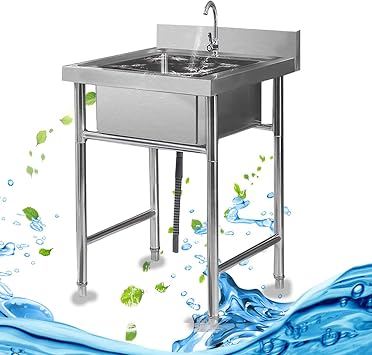 Silver Free Standing Utility Sink, Single Bowl 304 Stainless Steel Commercial Kitchen Sink 1 Compartment Extra-Deep Laundry Tub for Garage, Restaurant Bar Laundry Room Indoor Outdoor