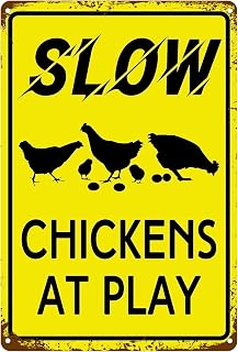 Vintage Farmhouse Tin Sign Slow Chickens at Play with Chicken Chick Silhouettes and Pecking Eggs Easy to Hang for Barnyard Kitchen 8X12 Inch