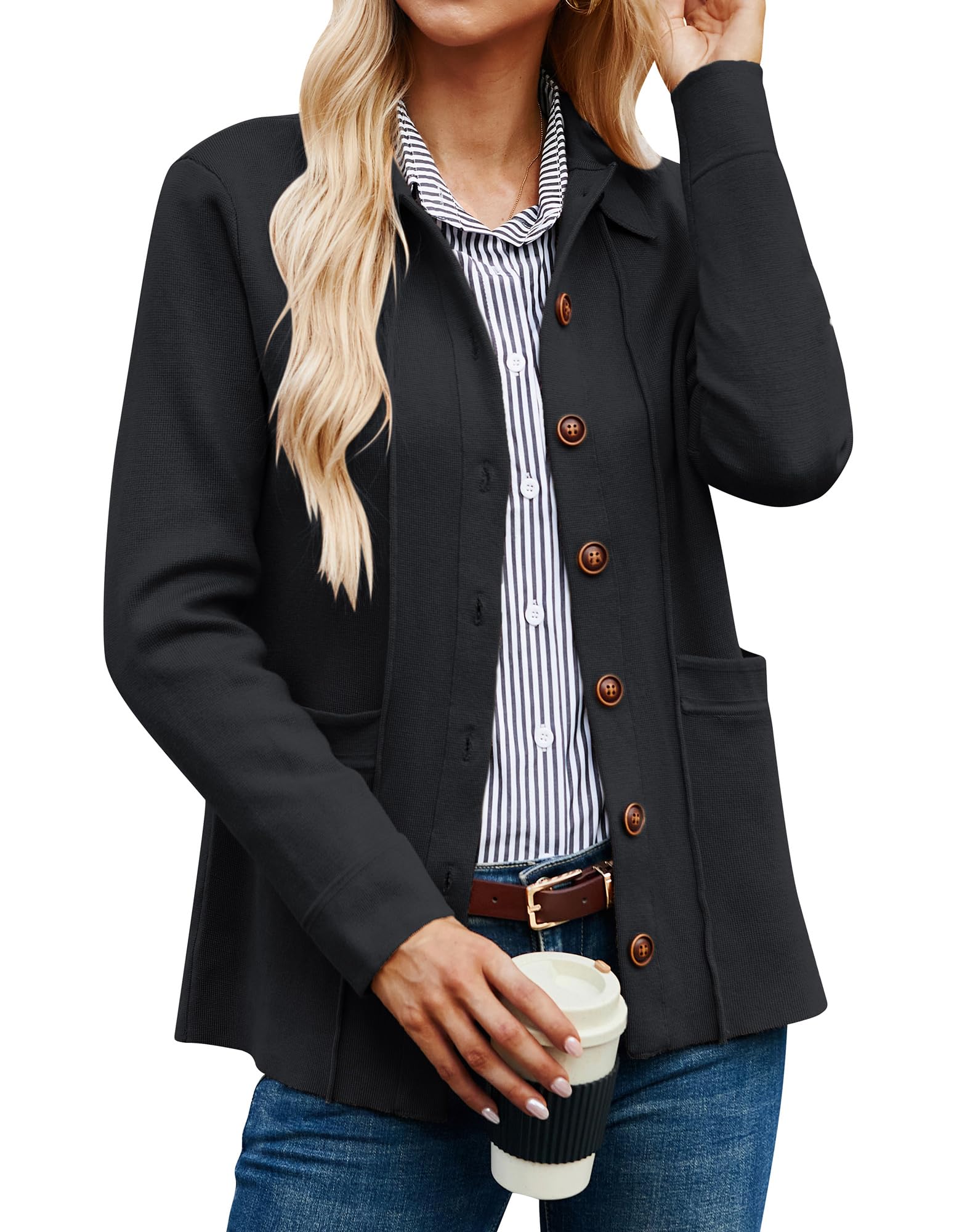 GRACE KARIN Maglione da Donna con Risvolto Cardigan Manica Lunga Button Down Maglione Classico con Tasche