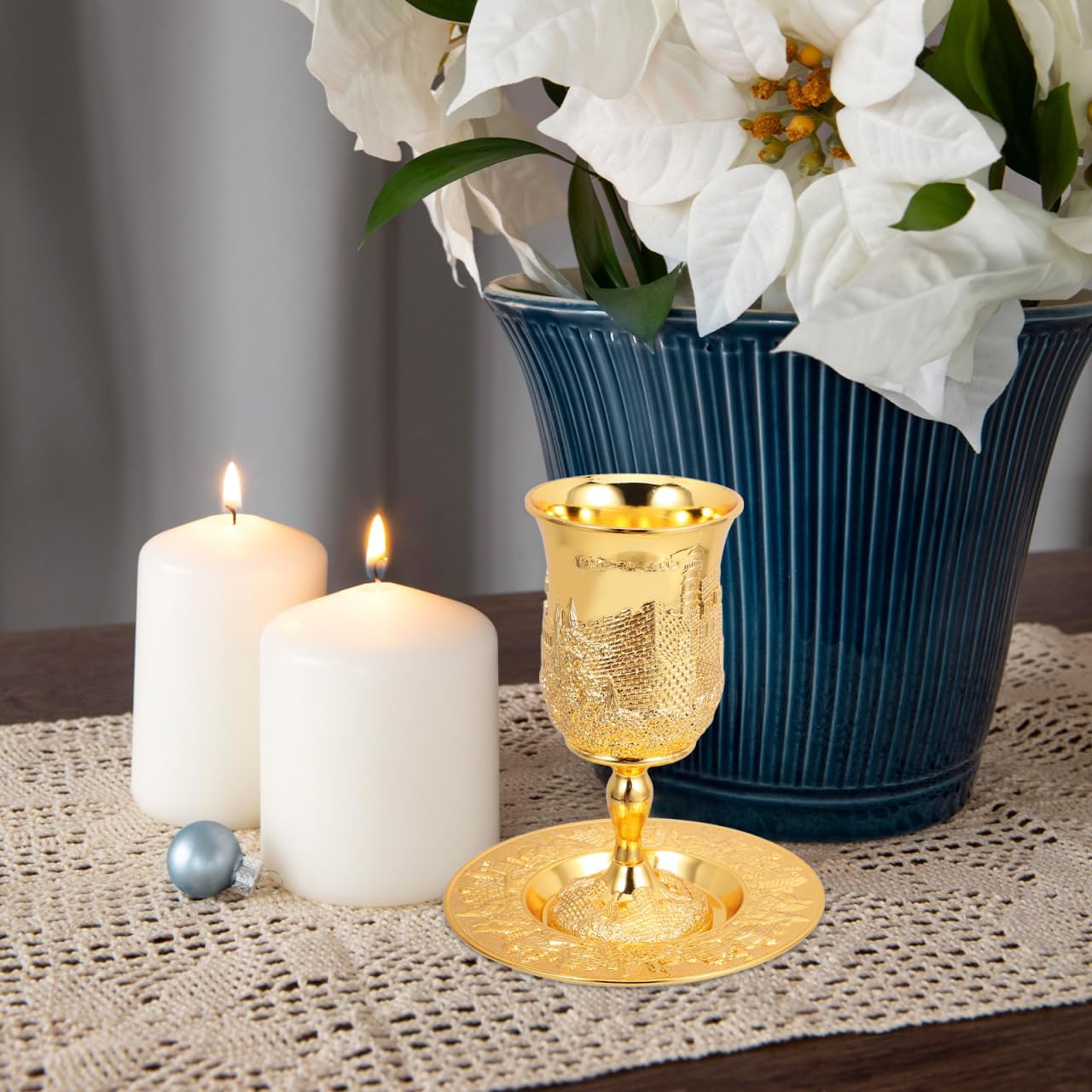 Luxshiny Kiddush Cup with Saucer Set 5.90In Judaica Shabbos Wine Goblet Passover Holiday Gift for Family and Friends