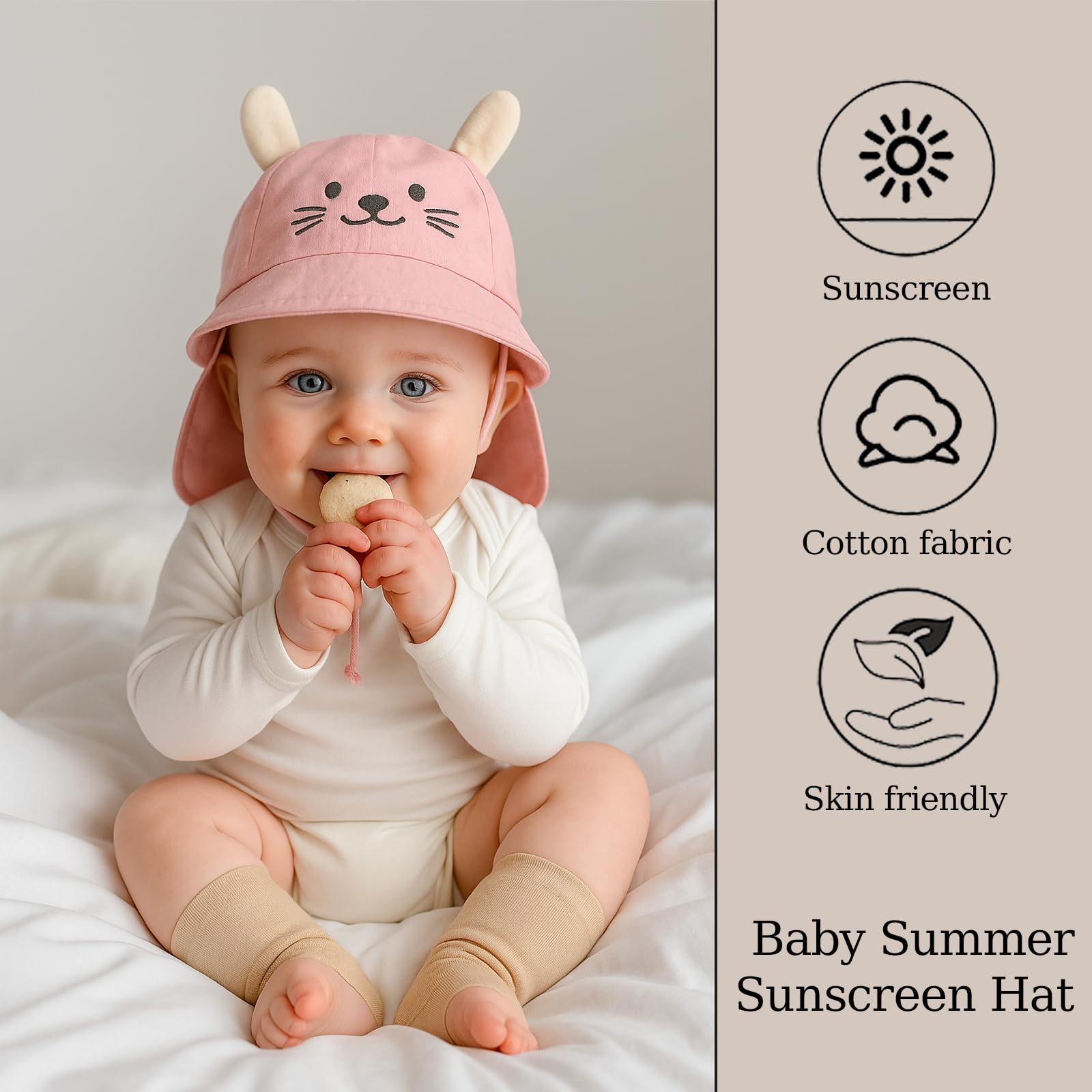AYNKH Bebe Muslin Peaked Cap, kapelusz przeciwsłoneczny z ochroną szyi i uszu, ochrona UV (UPF 50+) Czapka unisex dla niemowląt i niemowląt, obwód głowy 38-46 cm (wełna)