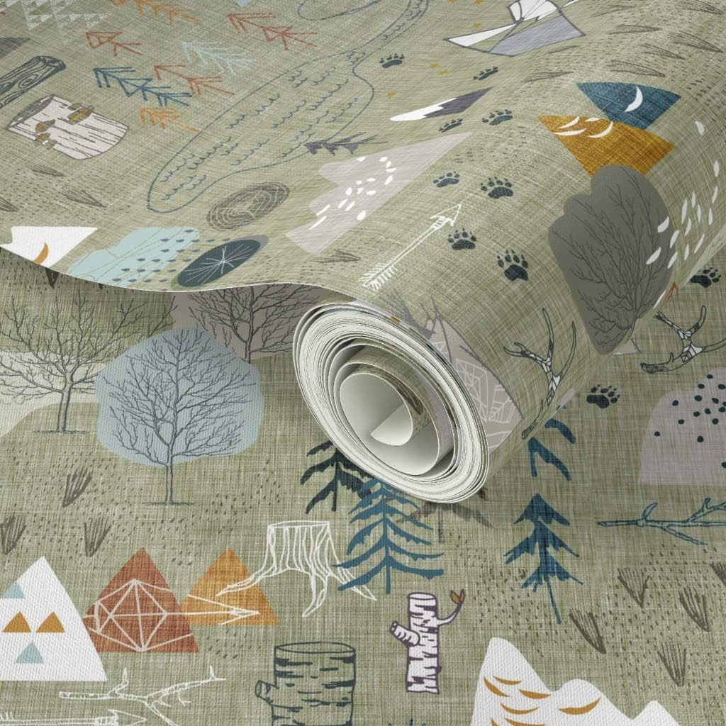 Peel & Stick Wallpaper 9ft x 2ft - Map Olive Alpine Pine Tree Forest Woods Teepee Fall Modern Custom Removable Wallpaper by Spoonflower