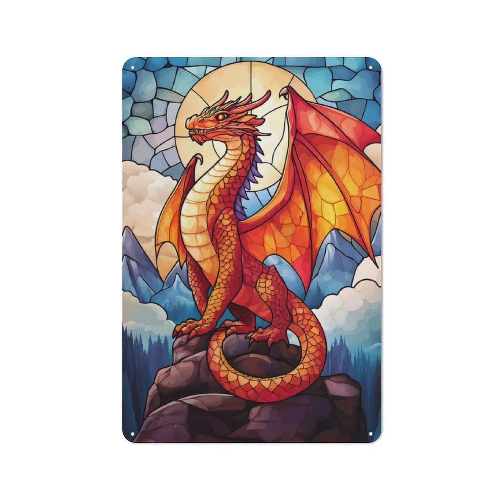 Junmoney Stained Glass Dragon-1 Distressed Look Metal Wall Art Sign 30X20cm Featuring Stained Glass Dragon, Old Style Wall Plaque For Lounge, Study, Pub Or Wall Gallery