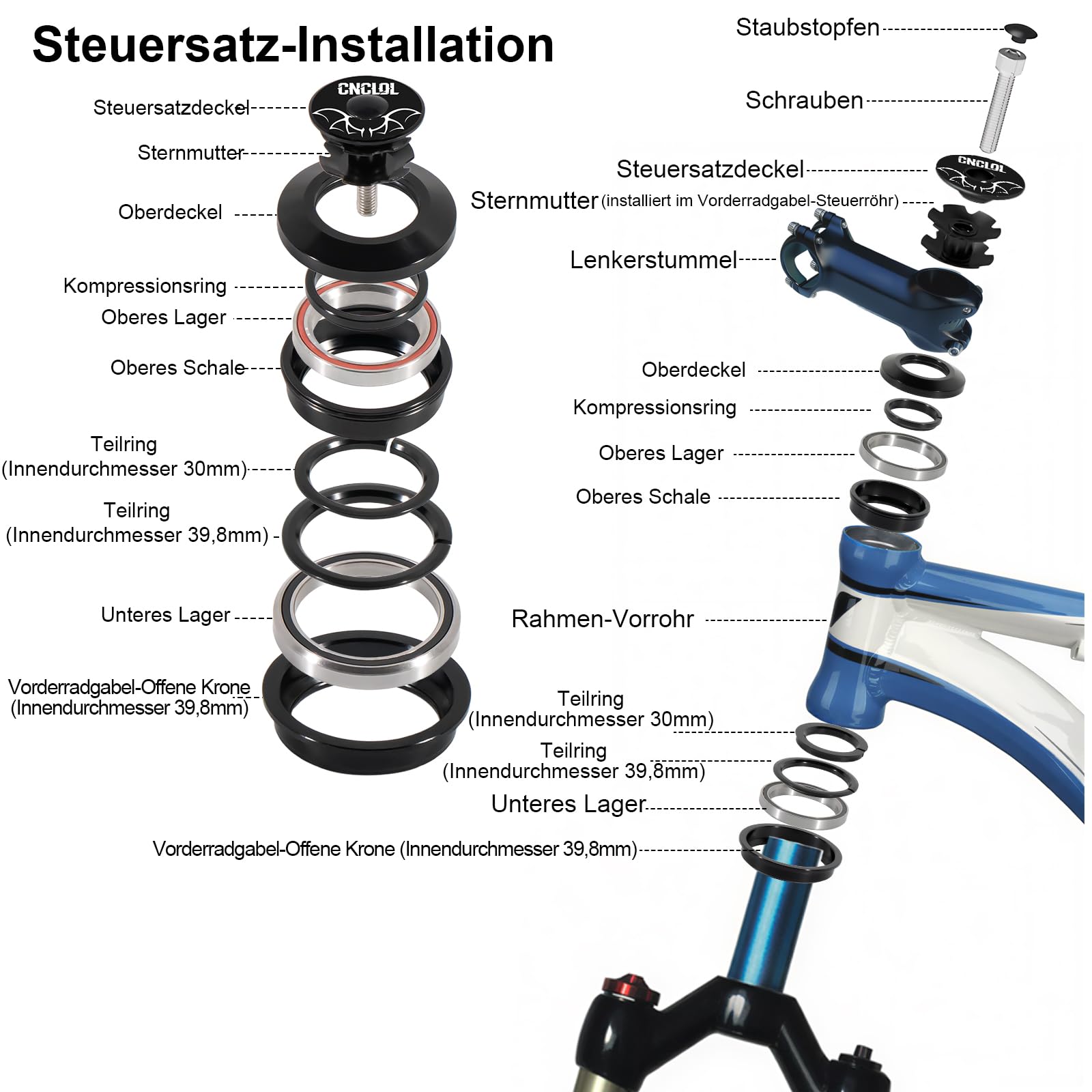 Fahrrad Steuersatz 34mm-44mm-41,8-52mm-44-55mm-44-56mm, Gabel Lager 1 1/8 Steuersatz Lenkkopflager, Semi integriert 1 1/8 Kugellager für MTB/Rennrad/BMX