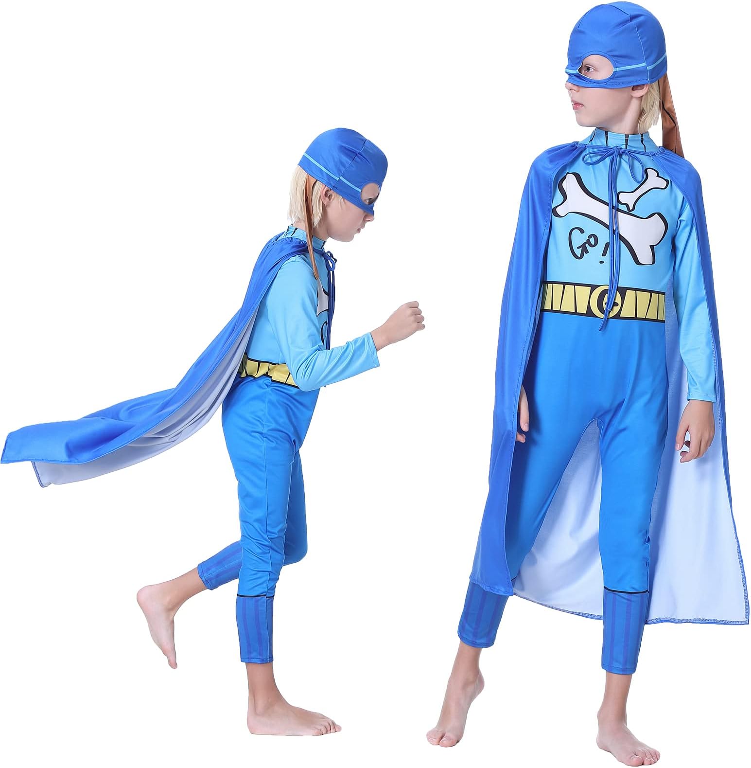 DeaboatDetective Dog Costume for Boys Police Cosplay Outfit with Blue Cloak Eye Mask Bodysuit Jumpsuit for Halloween Ma