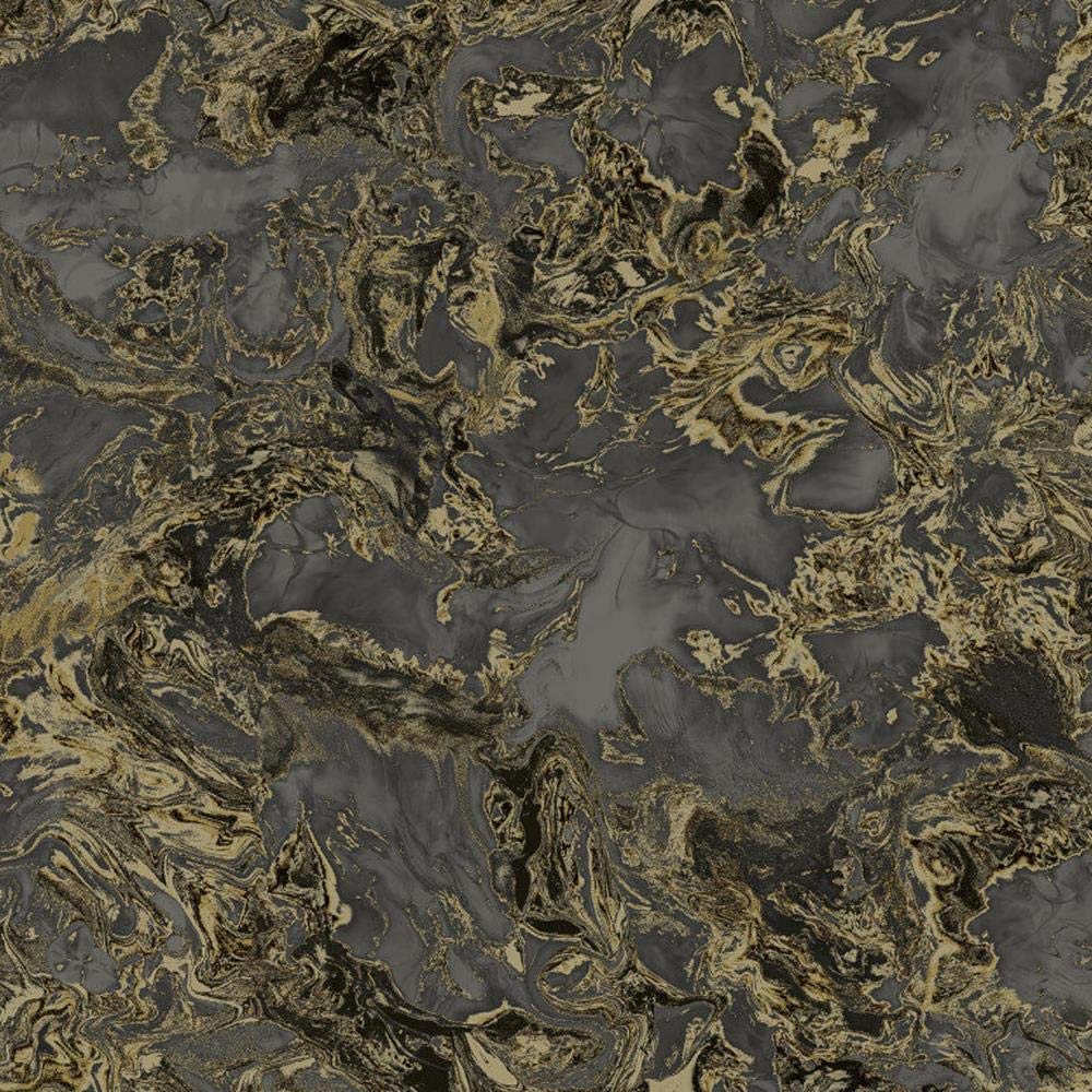 Yöl 6357-Black And Gold Liquid Marble Swirl Effect Wallpaper Stone 3D Metallic Glitter Black And Gold