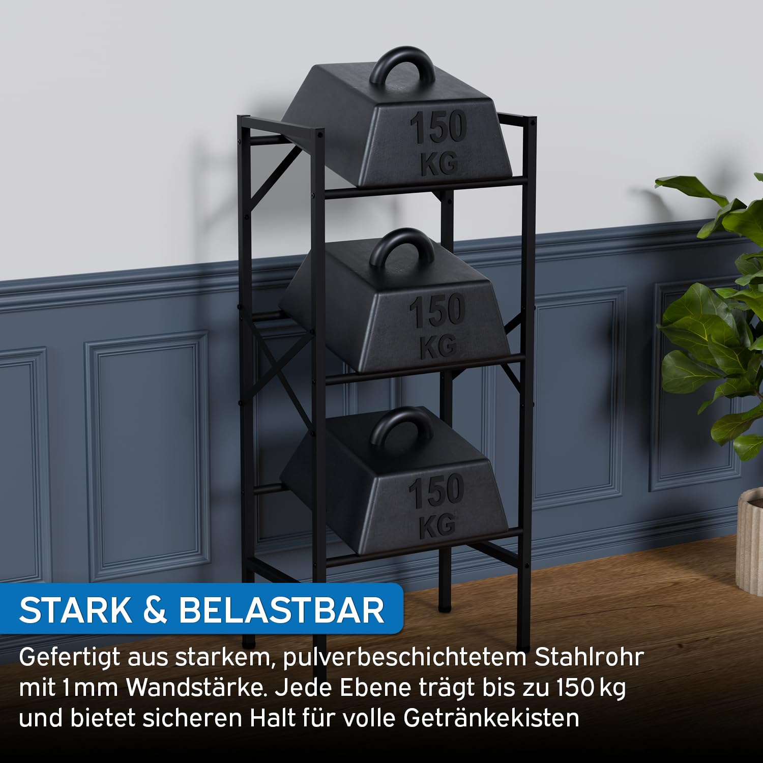 kör4u Getränkekistenregal Schwarz für 3 Kisten - Robustes Stahlregal mit 450 kg Tragkraft - Platzsparender Getränkekistenhalter für Keller, Küche & Vorratsraum