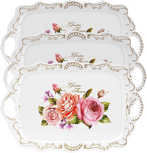 WUWEOT 3 Pack Serving Trays with Handles, Melamine Stackable Serving Platter BPA-Free Rectangle Food Tray Set with Flower Pattern for Home, Parties and Restaurants, Safe for Dishwashe
